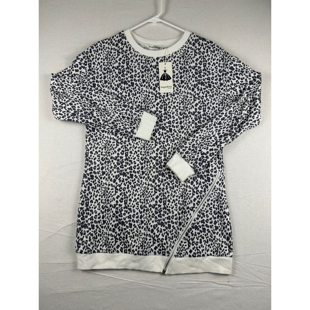 Angashion Womens Leopard Print Sweatshirt Dress White Black Zip Detail Size M